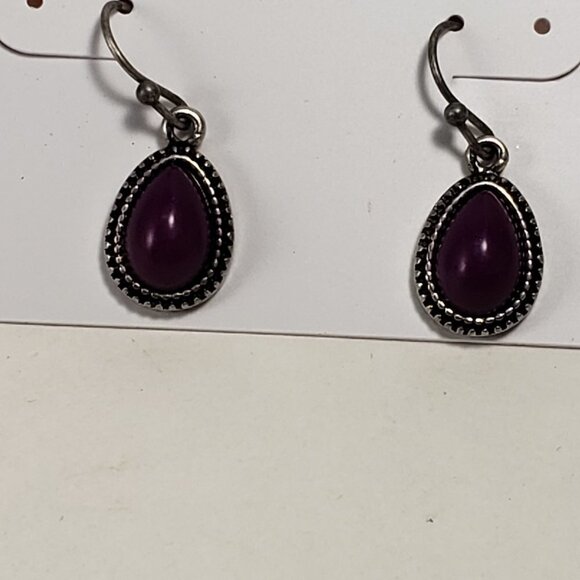 Women's Silver tone Dainty Design Purple Stone Small Fishhook Teardrop Earrings - Picture 5 of 6